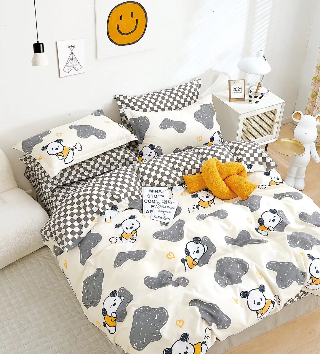 Gray Puppy Full Cotton 4 Pieces Bedding Sheets and Pillow Cases Sets